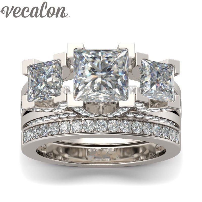 

Vecalon Jewelry Engagement ring Princess cut Three-stone Simulated diamond Cz 925 Sterling Silver wedding Band ring for women