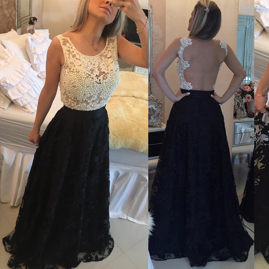 

Scoop Neck Evening Gowns Ivory and Black Sleeveless Floor Length Prom Dresses Illusion Back with Pearls vestidos para festa, Silver