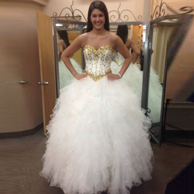 

Cheap Gold Rhinestone Crystals White Quinceanera Dresses Sexy Sheer Jewel Sweet 16 Ruffle Ruffles Skirt Princess Prom Ball Party Gowns, Coral