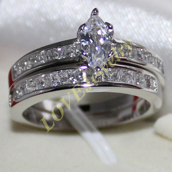 

Lady's 925 Silver Filled Marquise-cut Simulated Diamond CZ Side Stone Couple Ring Set Two Layers Wedding Size 9/11 Brand Jewelry