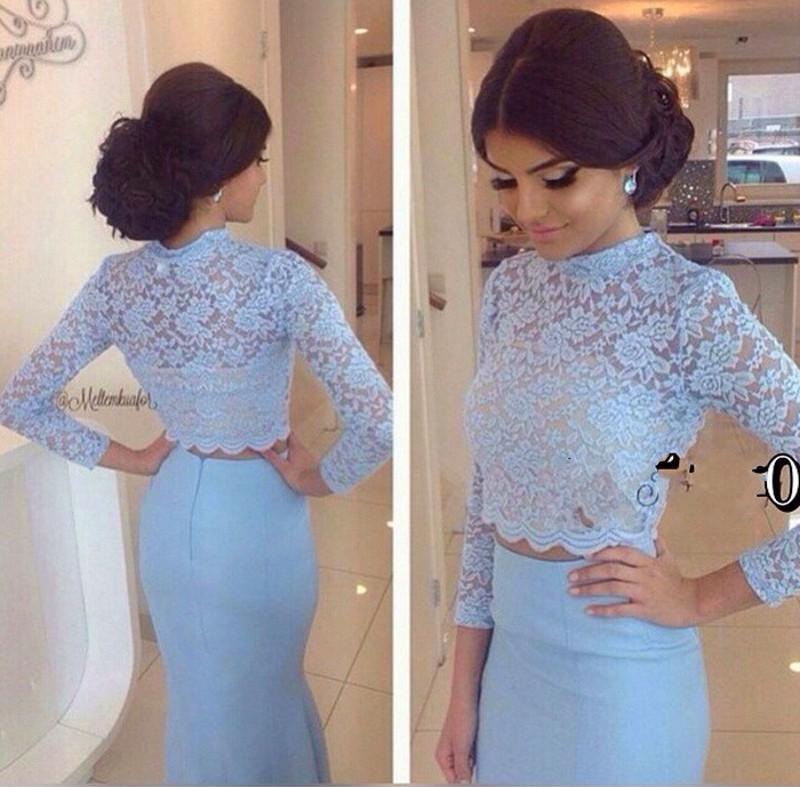 

Long Mermaid Arabic Prom Dresses with Long Sleeve Two piece Lace Robe De Soiree High Neck Formal Party Evening Gowns 2016, Red
