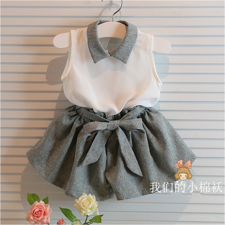 

11502 New Summer Girls Sets Baby Kids Two-piece Clothing Suit Chiffon White Tops Vest With Bowknot Shorts Girl 2pcs Set Children Outfits Sets, As the picture