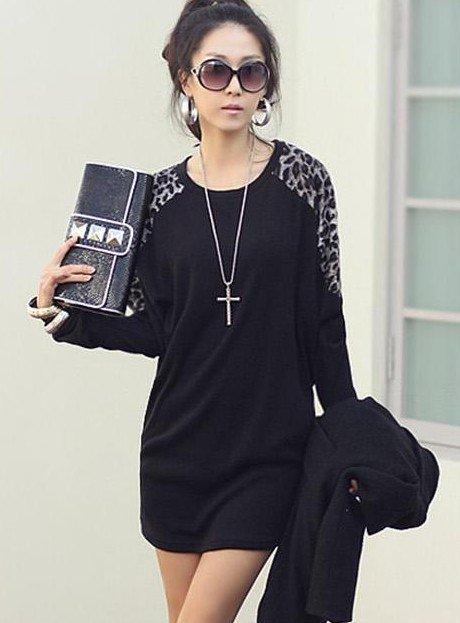 

Hot Spring Autumn Women's Long Tops T-shirt Leopard Shoulder Batwing Long Sleeve Cotton T-shirts Black