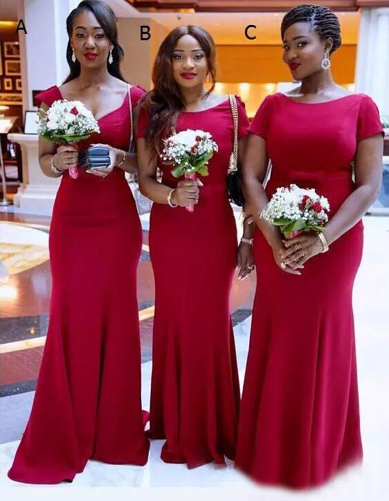 

African 2017 Fuchsia Chiffon Mermaid Bridesmaid Dresses Long Scoop Short Sleeve Long Maid Of Honor Gowns Plus Size Custom Made EN101811