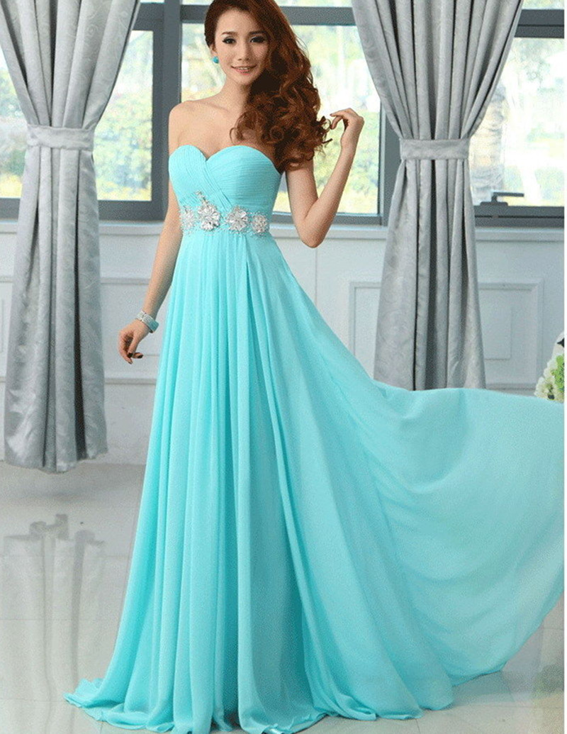 

2019 Hot Sale Long Light Sky Blue Evening Dresses Sweetheart Crystals Pleated Chiffon Empire Party Gowns Custom Made, Fuchsia
