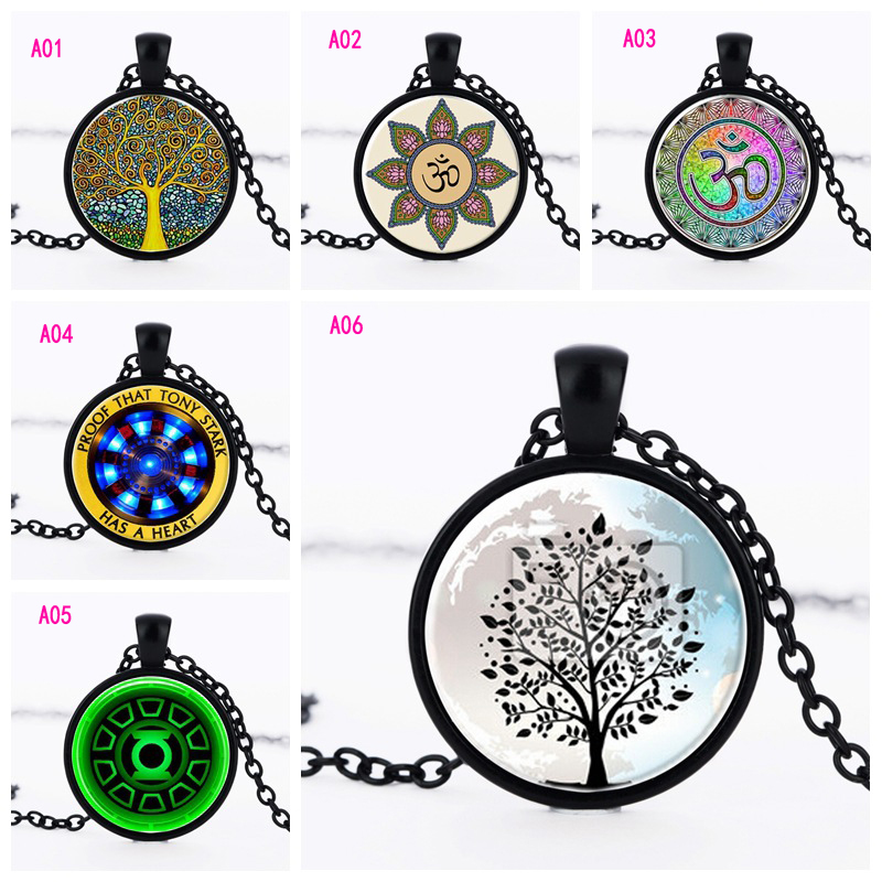 

New Tree of Life colorful cat's eye Pendant Necklaces Round Glass Cabochon Time gem Vintage Necklace Link chain For women men s Jewelry, Silver