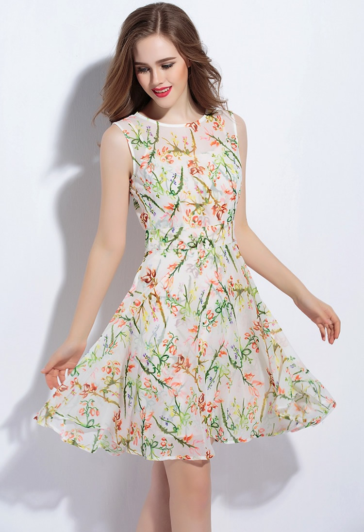 

Fashion Print Women A-Line Dress Round Neck Casual Dresses 04M16025, As pictures
