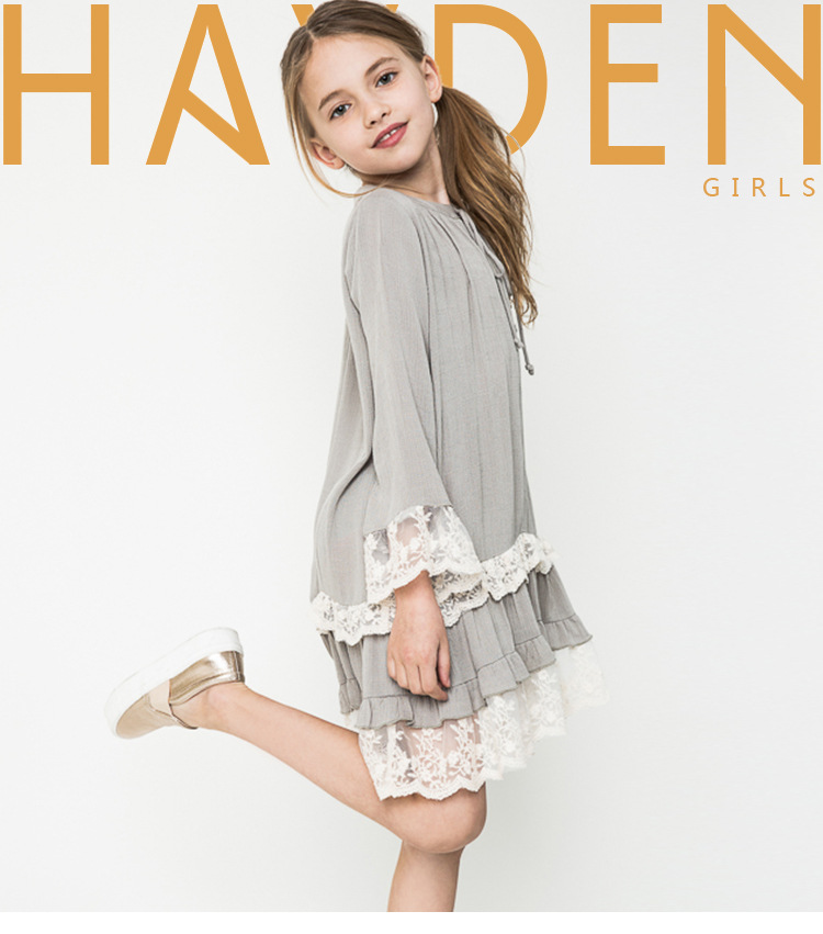 

Lace Stitching Children Dress New Autumn Style Baby Girls Dress Cute Long Sleeve Dress Europe and America Lovely Princess Dress Wholesale, Beige