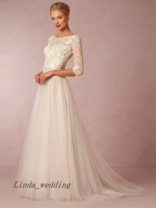

Free Shipping Elegant A-Line Princess Scoop Tulle 3/4 Sleeves Applique Court Train Wedding Dresses Bridal Gowns, White