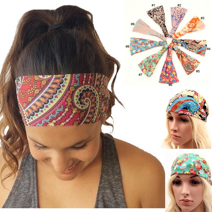 

2020 New Bohemia Style Chiffon Headband Women Yoga Wash Face Sport Hair Bands Stretch Wide Head Wrap Floral Hair Accessories, Silver