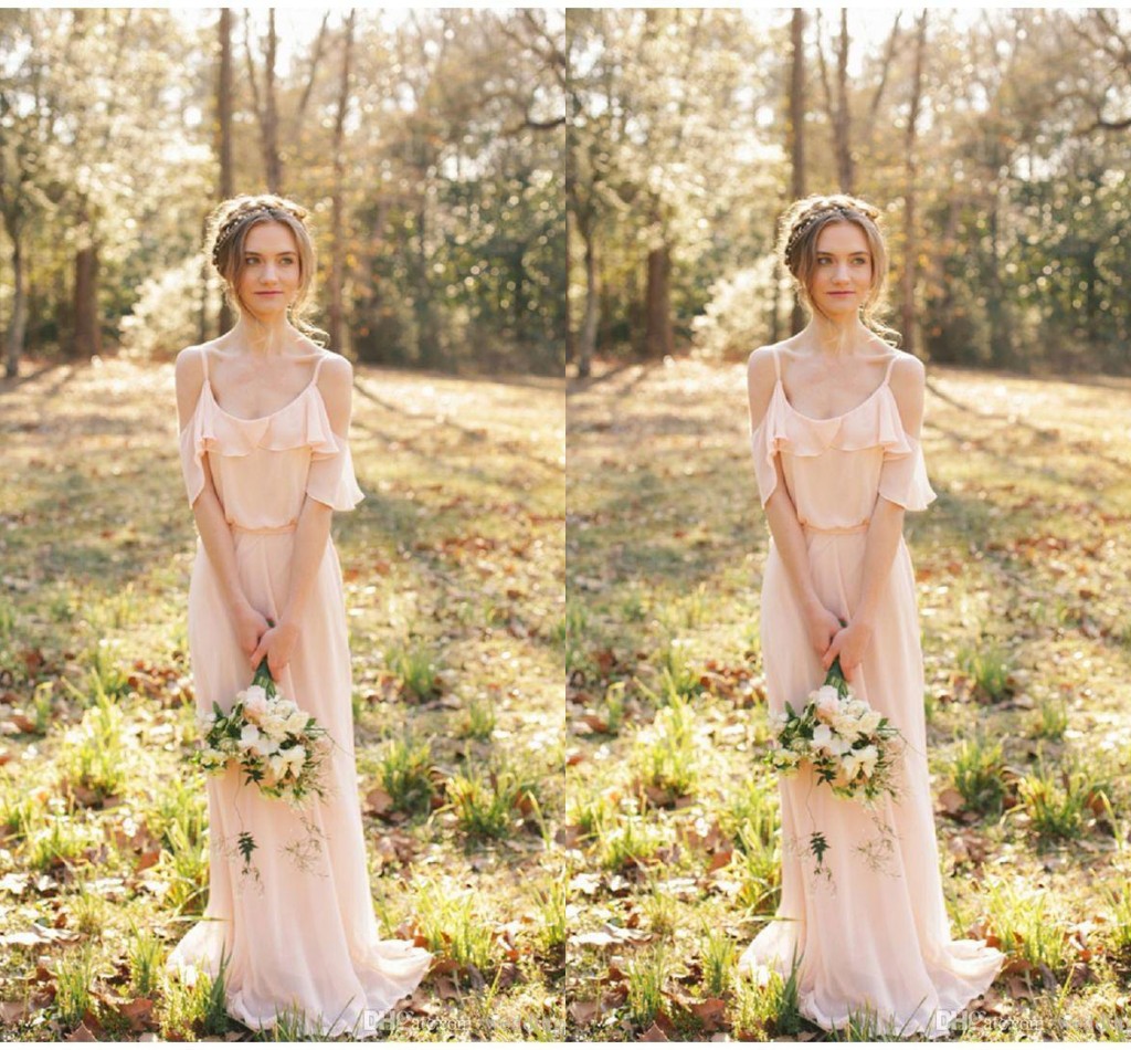 

2016 Bohemian Country Bridesmaid Dresses Spaghetti Straps Wedding Guest Wear Pink Chiffon Beach Floor Length Party Dress Maid of Honor Gowns