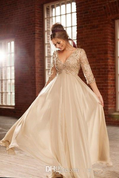 

Elegant 3/4 Long Sleeve Lace Prom Dresses Champagne Chiffon A-Line Party Dresses Beads Crystal Empire evening gowns Lady Evening Wear, Pink