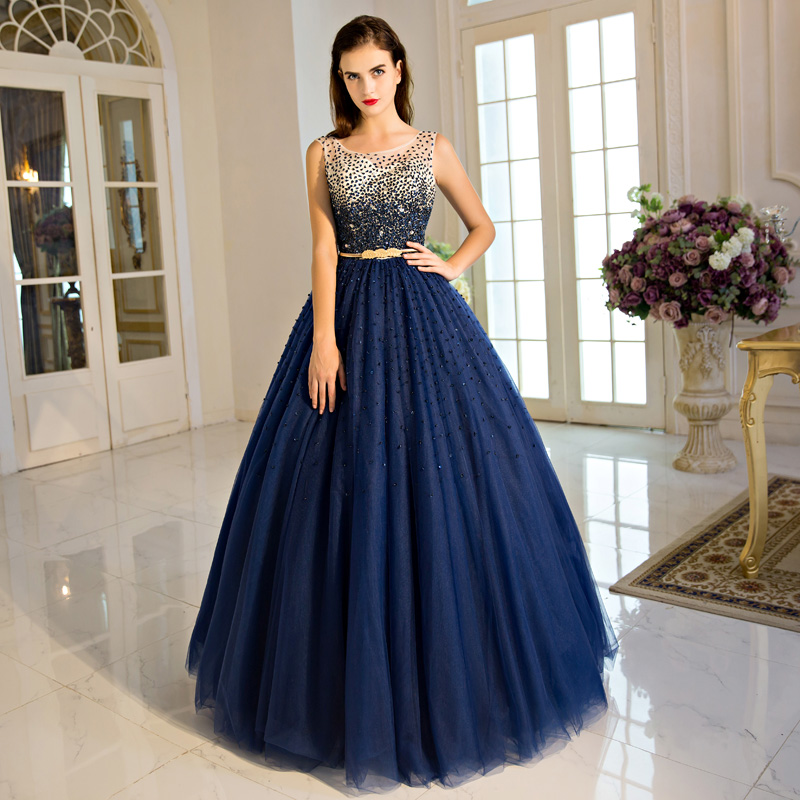 

Navy Blue Evening Dress Luxury Ball Gown Prom Gowns with Sparkling Sequins Beads Detachable Sash Red Carpet Dress Lace-up Back Soft Tulle, Dark navy