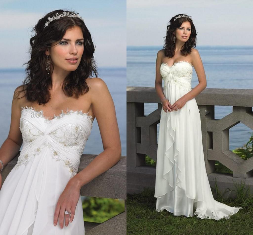 

Beach Bride gowns Wedding Dresses Sexy Empire Sweetheart Ruffles Appliques Chiffon Summer Casual Bridal Gowns, Silver
