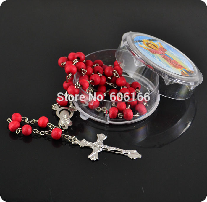 

12PCS Random Color Rose Scented Perfume Wood Rosary Beads Inri Jesus Cross Pendant Necklace Catholic Religious Jewelry Christmas Gift