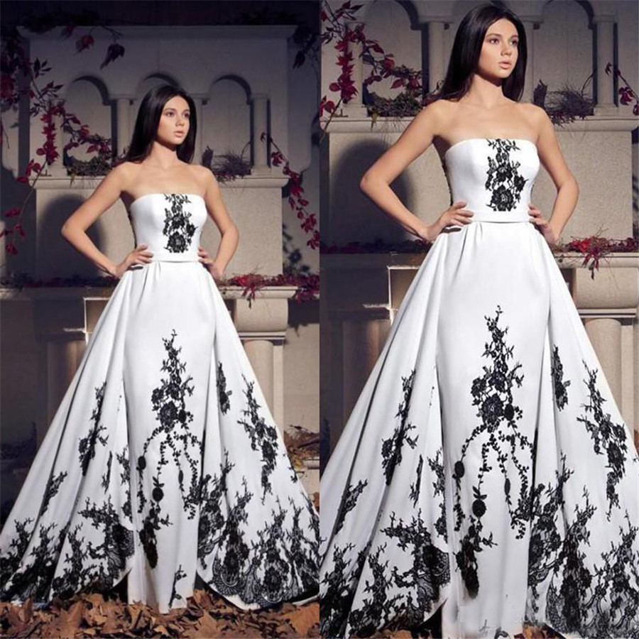 

New Strapless Lace Applique Lace Up Back Long Bridal Gowns Vintage Black And White Wedding Dresses vestidos de novia