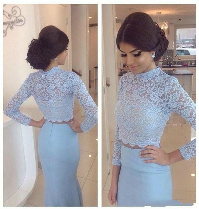 2019 Mermaid Prom Dress High Neck Lace Vintage Prom Evening Dress Long Sleeve See Through Light Blue Lace Two Piece Party Gown