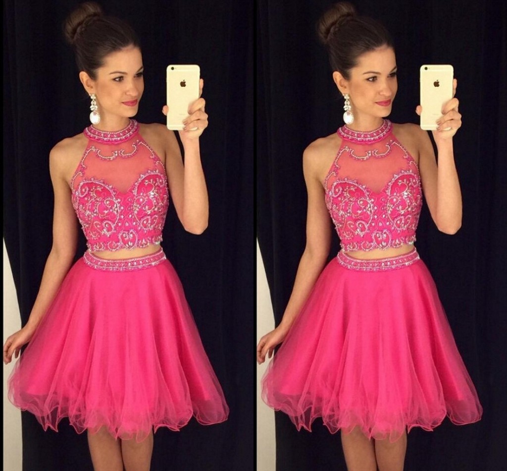 

Hot Pink Two Pieces Short Homecoming Dresses Jewel Neck Sleeveless Sequins Beaded Tulle Short Cocktail Dresses Prom Dresses, Gold