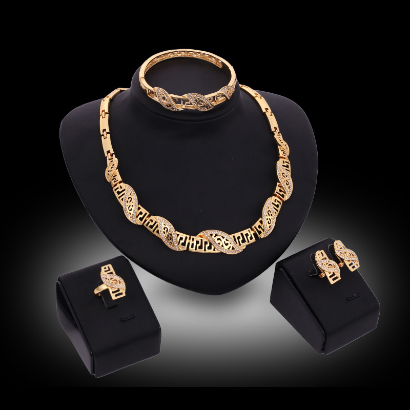 

Statement Necklaces Earrings Bangles Rings Sets Luxury Rhinestone 18k Gold Plated Hollow Out Geometric Party Jewelry 4-Piece Set JS150