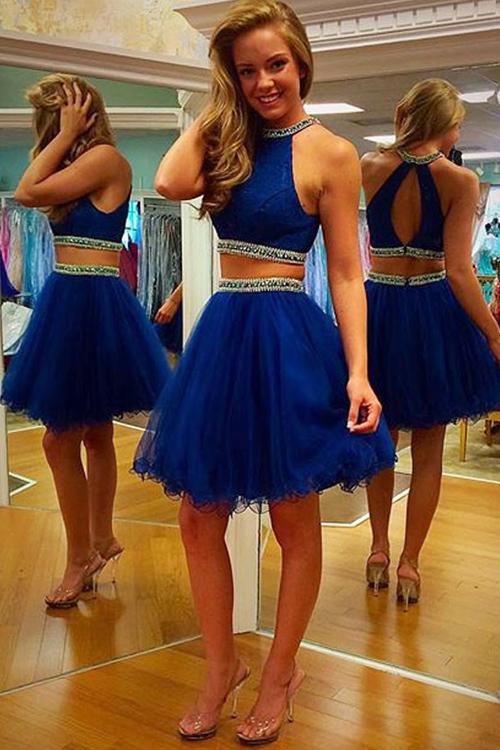 Vente chaude Bleu Deux Pièces Homecoming Robes 2016 Perlé Col Backles Court Mini Cocktail Party Robe 8e Grade Graduation Robe de bal Pas Cher