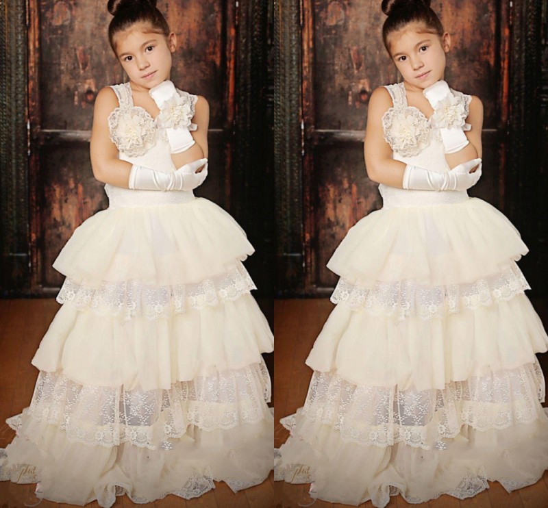 

Gorgeous Spaghetti Straps Girls Pageant Gowns With Handmade Flower Lace Tiered Layers Flower Girl Dresses For Wedding Floor Length, Chocolate