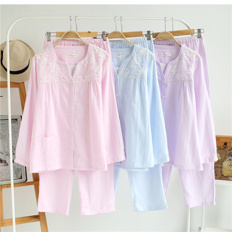 

Free shipping Summer cotton female long sleeve loose thin lace Home wear suit sleepwear pajamas set, Blue