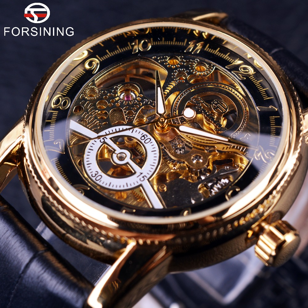 

2022 Forsining brand Luxury Hollow Engraving Skeleton Casual Designer Black Golden Case Gear Bezel Watches Men Automatic Watches, White+gold