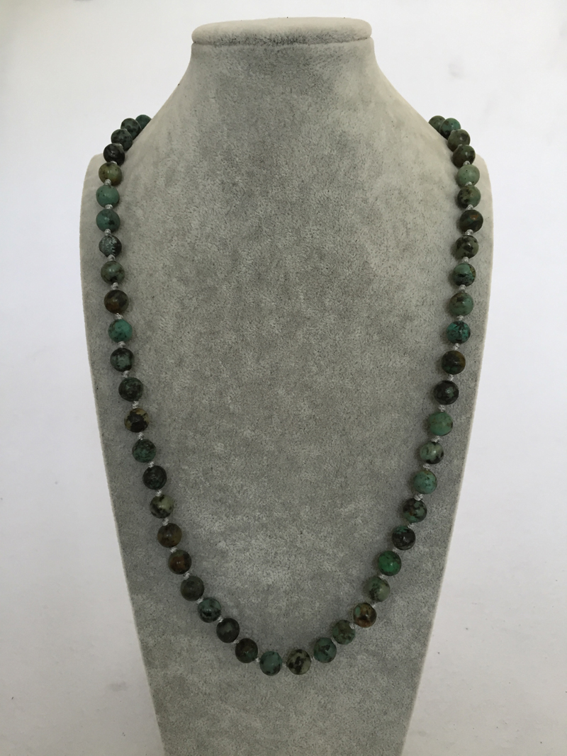 

ST0296 Fancy Boho Necklaces For Women 8mm African Turquoise Knotted Necklace in 38 inches Personalized Stone Jewelry, Silver