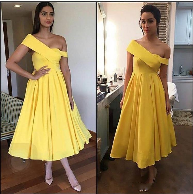 

elegant Yellow Tea Length homecoming dress One Shoulder Stain A Line Party Evening Prom Dresses For girl free shipping, Pink