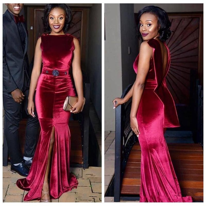 

African Velvet Mermaid Evening Dresses Dark Red Front Split Backless Prom Dress sash beads Aso Ebi Black Girls Formal Cocktail Party Gowns, Nude