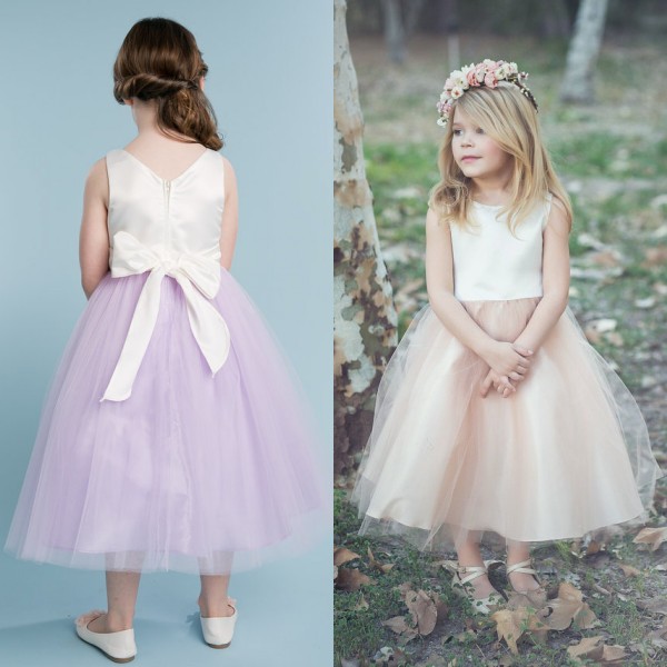 

Lovely Flower Girls Dresses for Weddings Two Tone Jewel Neck Sleeveless Cheap Tea Length Champagne Lilac Tulle Little Girl Dress Gown, Chocolate
