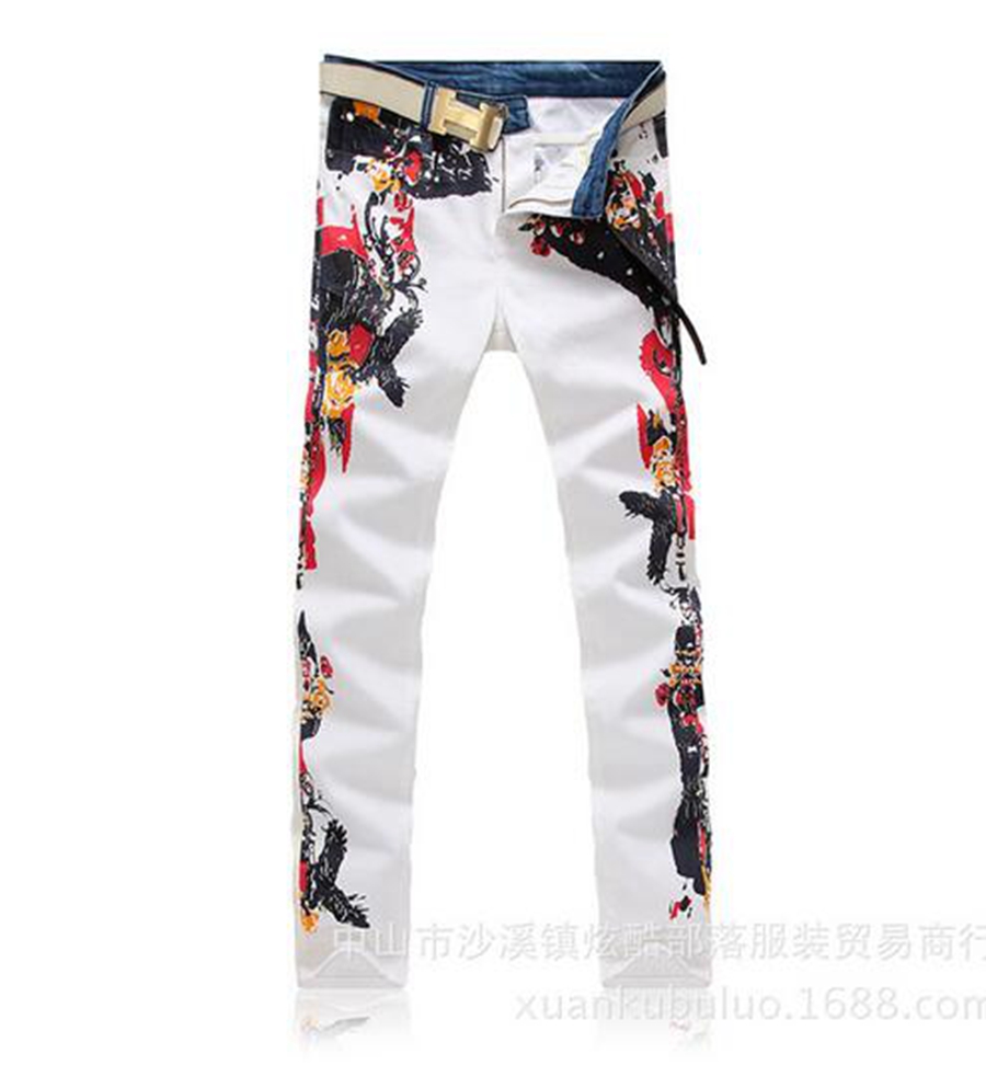 Mode décontractée pour hommes la nouvelle tendance de cultiver sa personnalité morale coton club blanc impression pantalon en denim / 28-40
