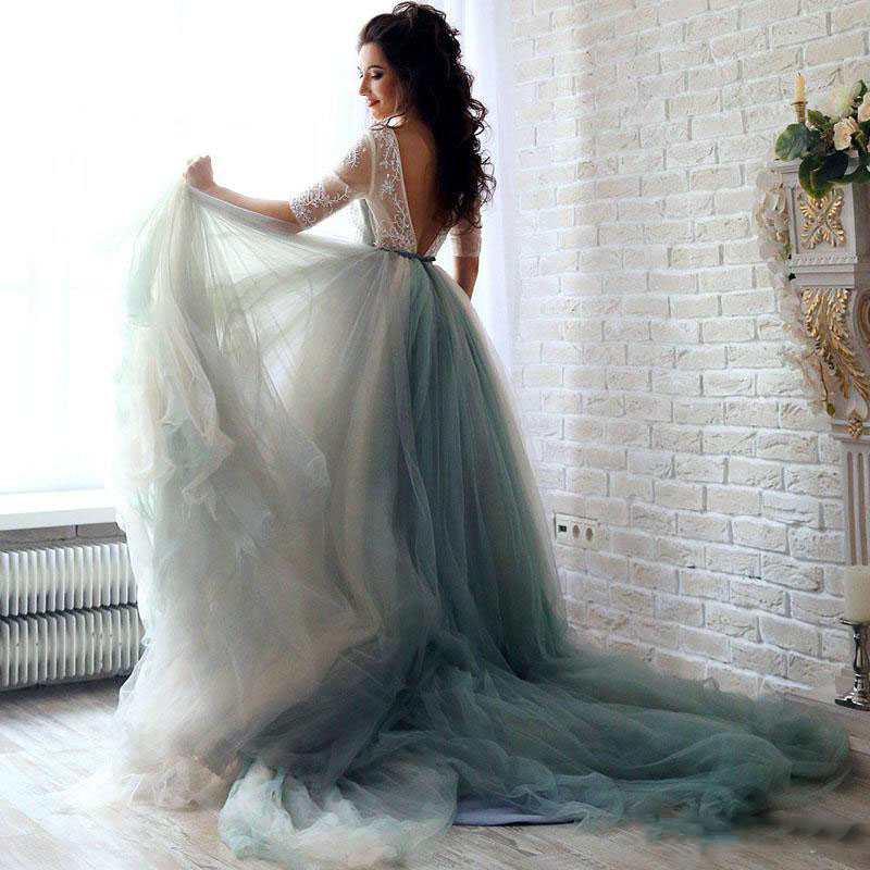 

Gorgeous Open Back Sheer Sleeves Prom Dresses 2017 Saudi Arabic Gary Tulle Layered Evening Gowns Sweep Train Formal Party Dresses, Water melon