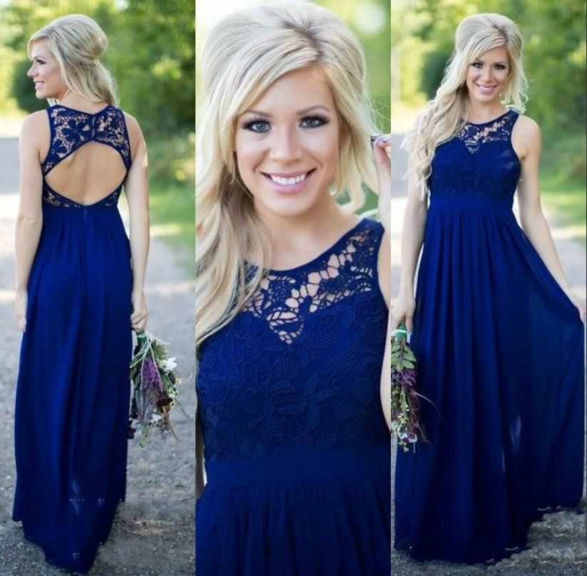 

Beautiful Royal Blue Country Bridesmaid Dresses Long Lace Neck Prom Dresses Petite Chiffon 2015 Evening Gown Open Back junior Maid of honor