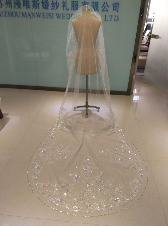 

2019 One Layer Wedding Veils 3 Meters Long Cathedral Length Rhinestones Beaded Real Image Tulle Bridal Veil With Comb, Ivory