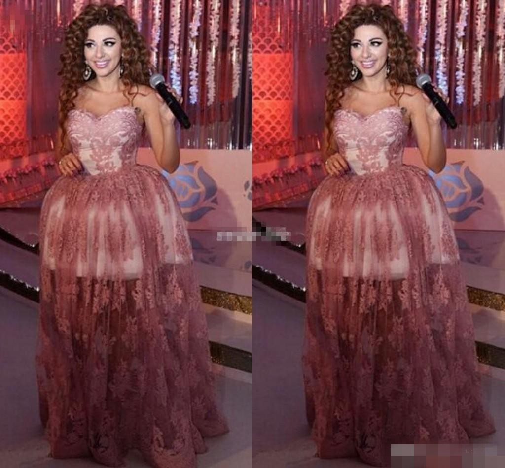 

2019 Myriam Fares Ball Gown Celebrity Evening Dresses Sweetheart Appliqued Lace Long Prom Gowns Arabic Special Occasion Dress High Low Tull, Orange