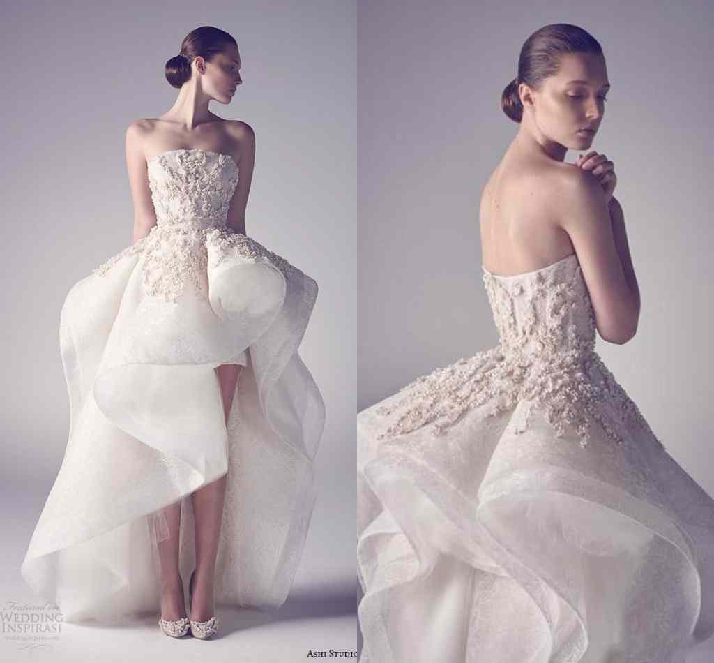 

2019 Hot krikor Jabotian High Low Wedding Dresses Sexy Strapless Applique Organza Custom Made Formal Bridal Gowns, Silver