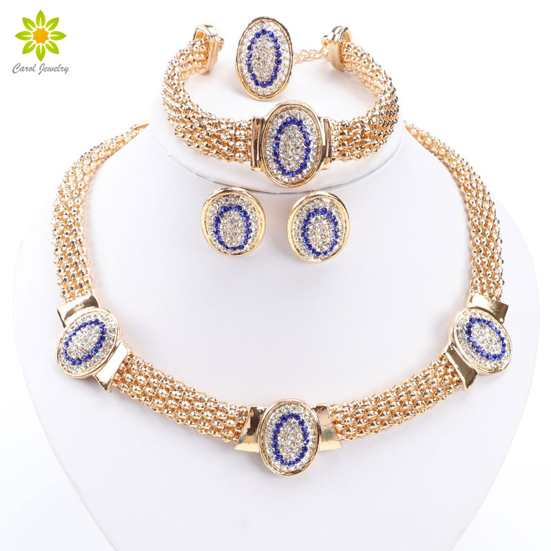 

African Costume Jewelry Sets Women Gold Plated Beads Rhinestone Oval Shape Necklace Set Dubai Nigerian Wedding Accessories