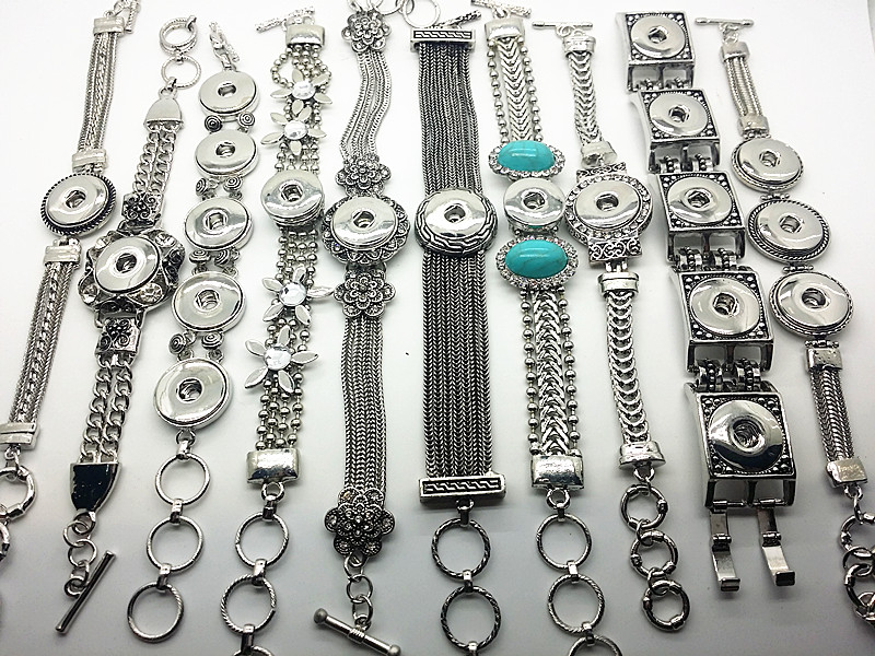 

Brand New 10 Pieces Antique Silver 18mm Ginger Snap Button Chunk Charm Cuff Bracelets Wholesale Lots, Golden;silver