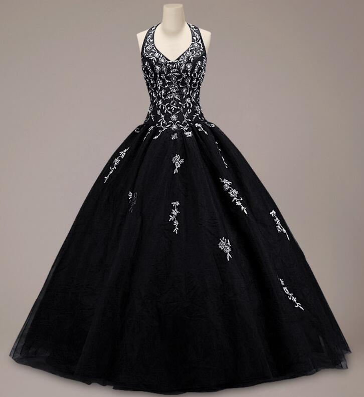 

Vintage Colorful Black Ball Gown Gothic Wedding Dress Halter Tulle Skirt Silver Embroidery Floor Length Non White Bridal Gowns Couture, Beige