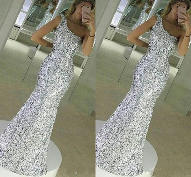 

2017 Special Bling Bling Silver One Shoulder Prom Dresses Mermaid Sequins Long Sleeveless Floor Length Formal Evening Dress, Light yellow