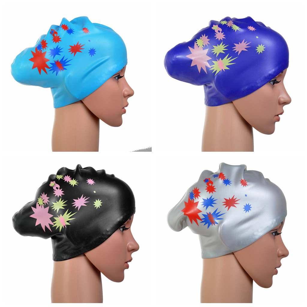 

Wholesale&Retail Women Girls Waterproof Silicone Swim Cap Long Hair With Ear Cup Bathing Hat