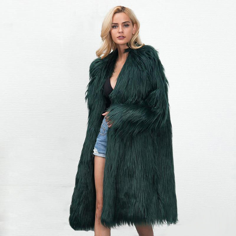 

Winter Faux Fur Long Coat Women Lapel Neck Long Sleeve Casual Trench Coat New Streetwear Ladies Party Outwear Pink Green Gray