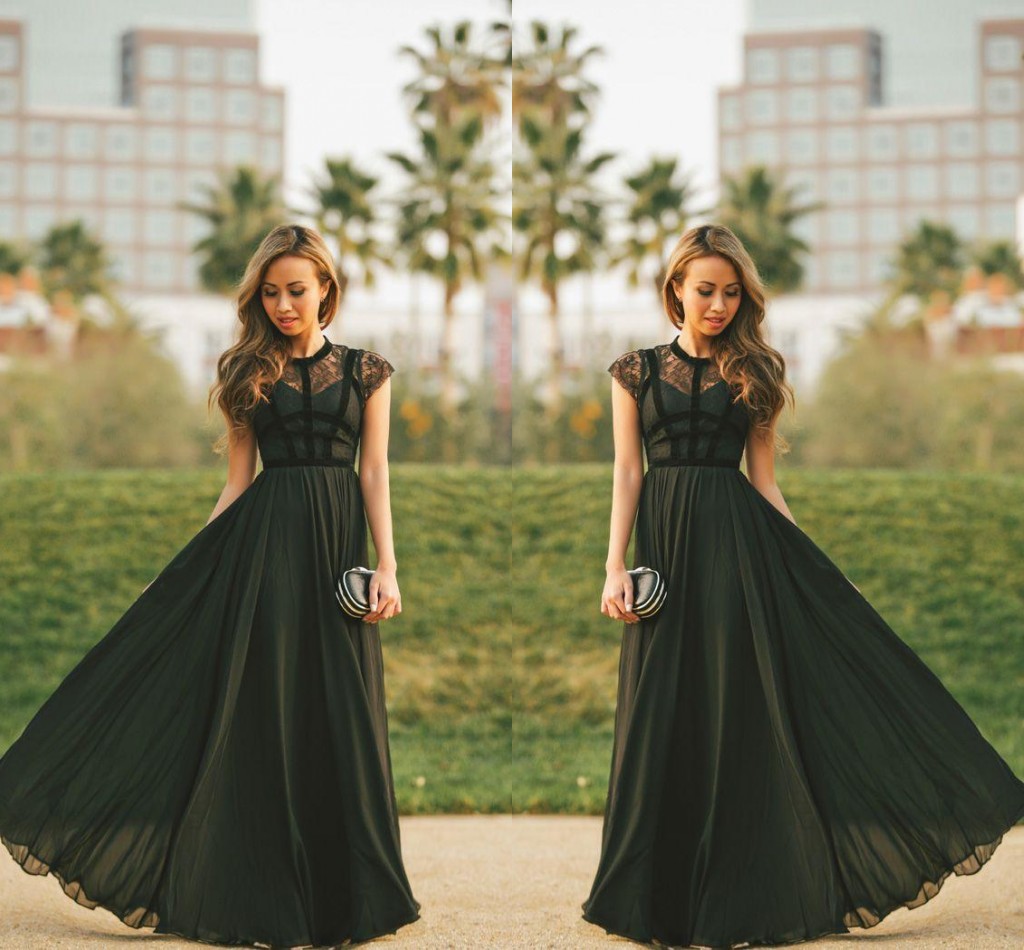 

Elegant Sheer Lace Black Formal Party Evening Dress Capped Sleeves A-line Chiffon Jewel Neck Women Modest Long Prom Dresses 2019 Maxi Gowns