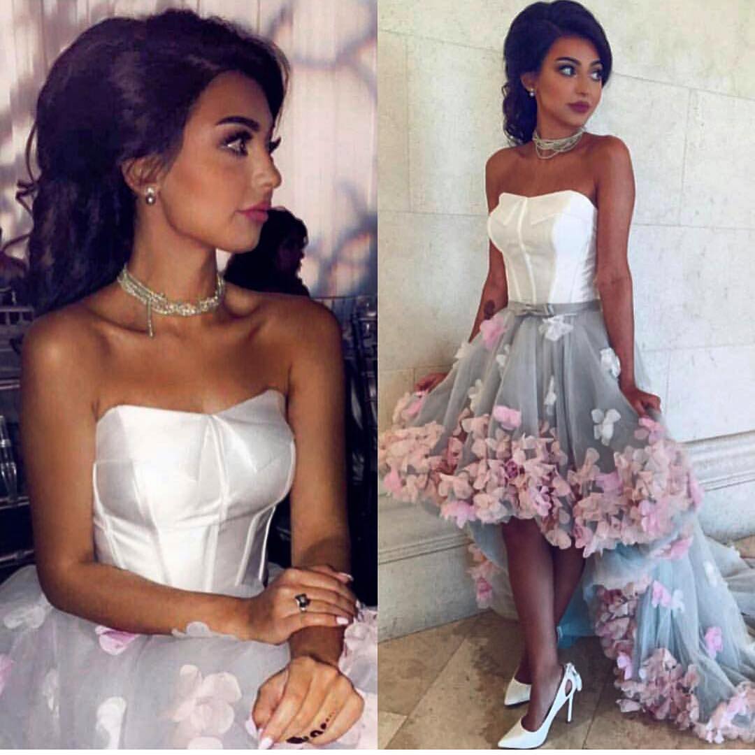 

2017 Fall High Low Prom Dresses Strapless 3D Flowers Tulle Corset Bustier Cocktail Dresses Backless Gray Evening Gowns Formal Dresses, Same as picture
