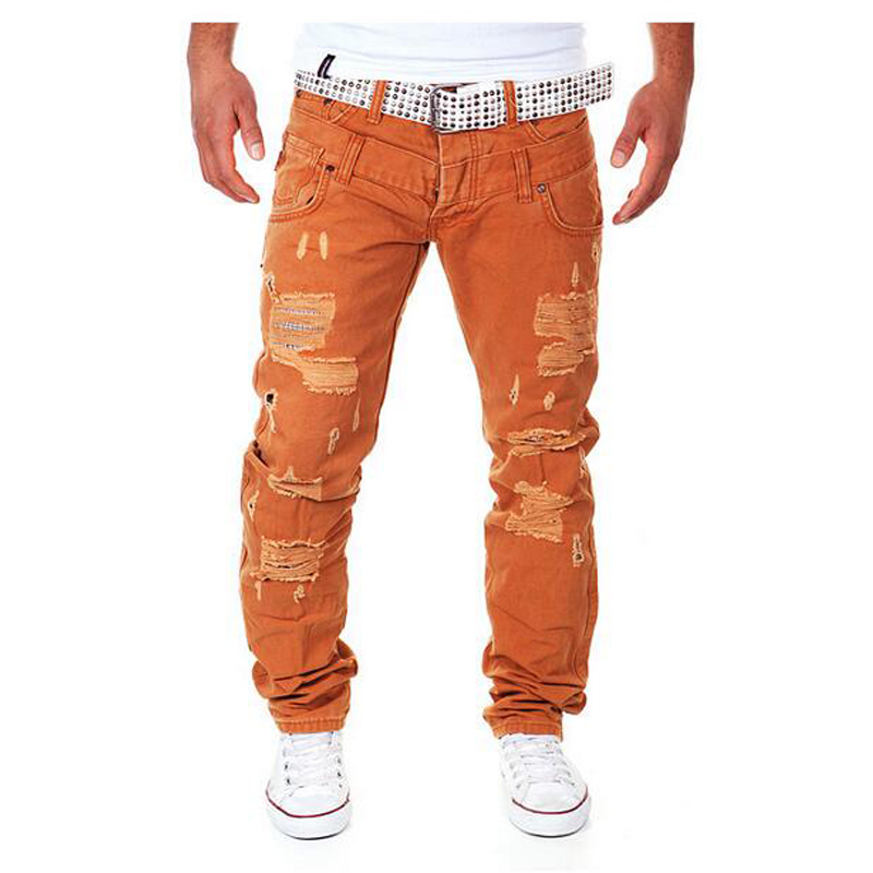 Wholesale-Hot New Arrival Men's Fashion Casual Ripped Long Hole Design Cargo Pants Male Double Waist Decoration Overalls Trousers