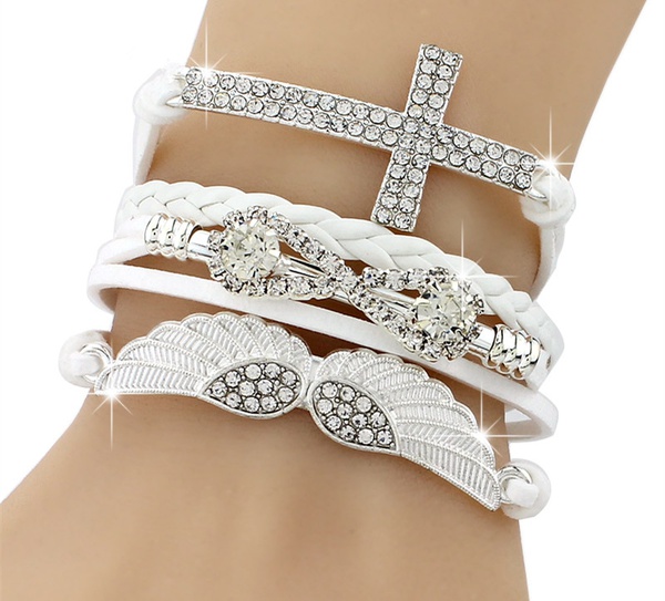 

New DIY Vogue Jewelry Leather Cross Angel's Wing Rhinestone Charm Bracelet