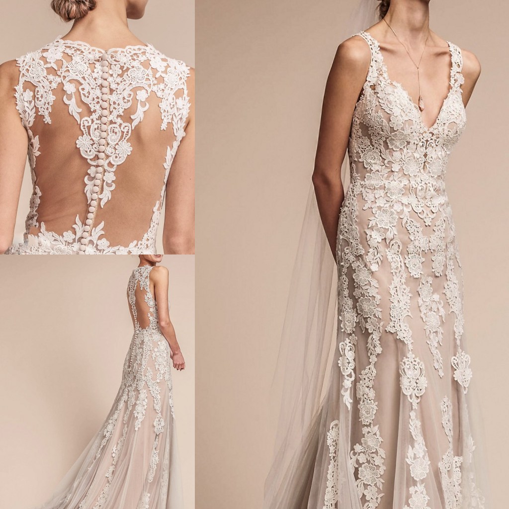

BHLDN Mermaid Wedding Dresses Plus Size Cheap Full Lace Appliques V Neck Bridal Gowns Bo Ho Sexy Back Country Wedding Dress, White