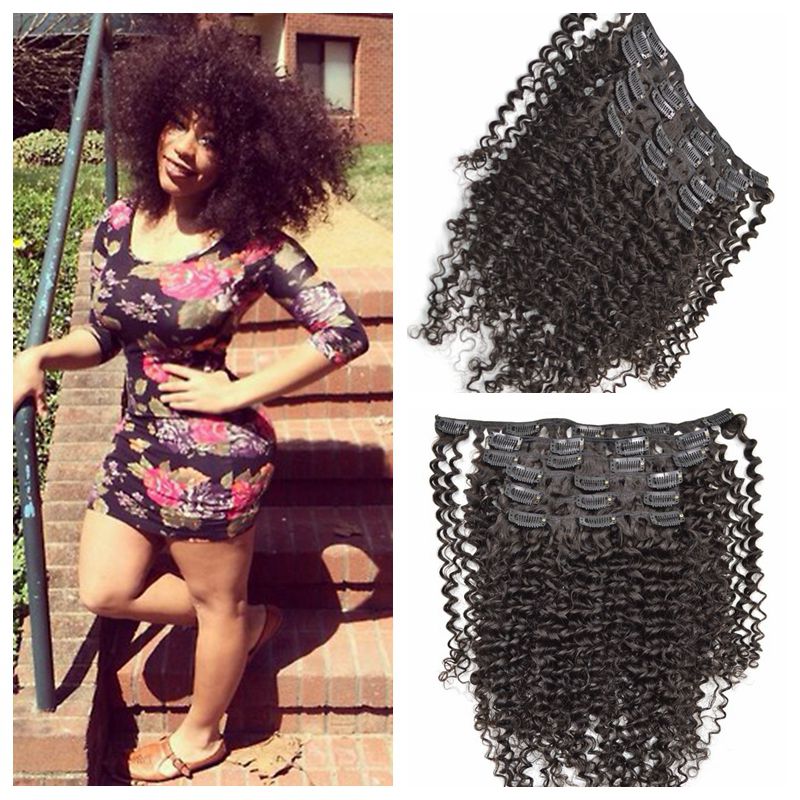 

7pcs kinky curly Clip In Hair Extension 12-26inch Brazilian Human Hair weave natural black 120g/set In Stock G-EASY Free Shipping
