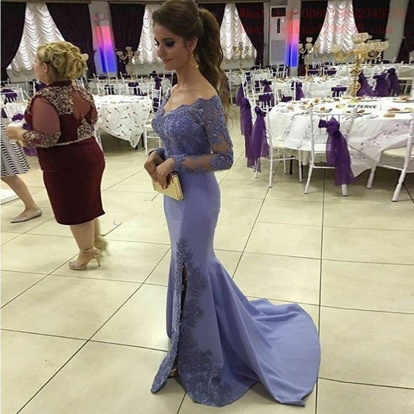 

2016 Elegant Sheer Mermaid Prom Dresses Long Sleeves Elegant Lace Appliqued Long Cheap Evening Formal Pageant Dress Gown, Purple